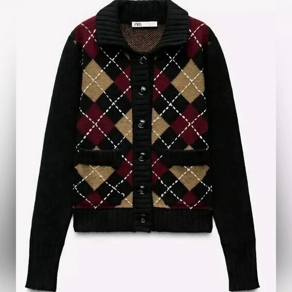 Zara Black Argyle Cardigan Sz Large - Picture 1 of 6